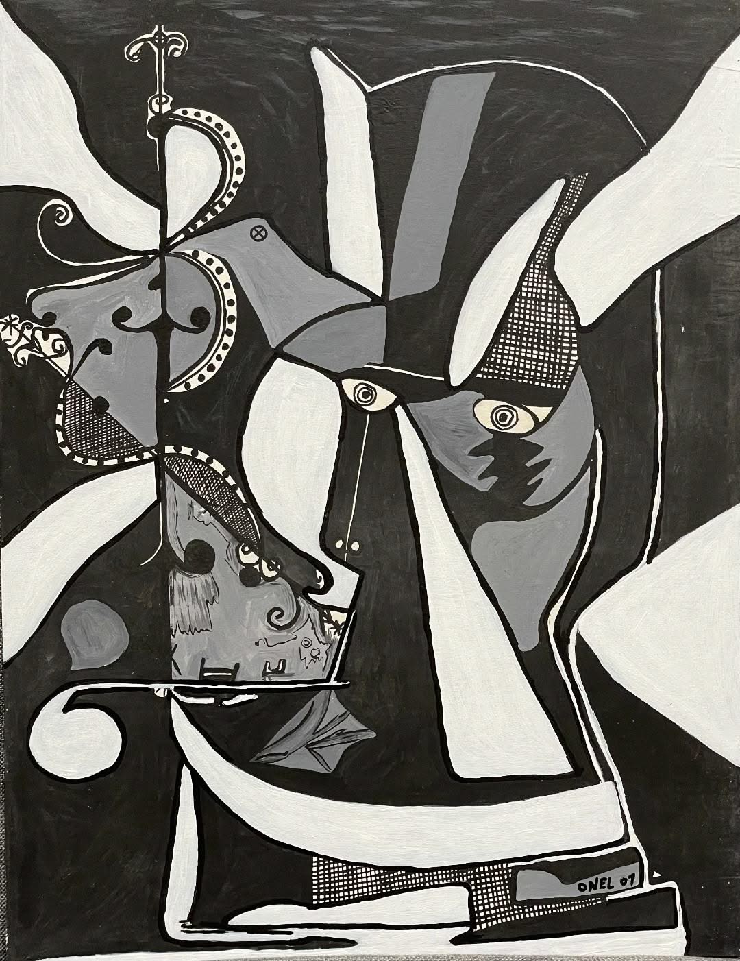 Onel-Lionel Paul 23 ⅜"x17 ¾" Black & White Spiritual Abstract With VEVE 2001 Acrylic Painting on Bristol Paper Mounted #6MFN