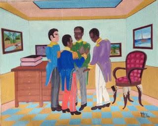 Michel M. Obin painting of four uniformed military figures meeting in a Haitian interior with checkered floor, desk and ornate chair, framed landscape views, bold colors.