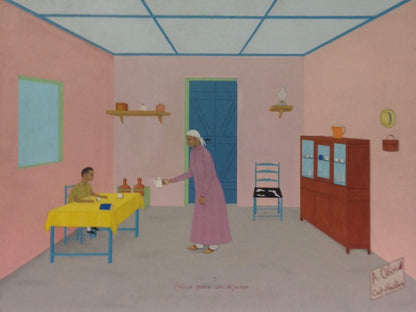 Antoine Obin (1929-1992) 18"x24" Antoine Prend Son Dejeuner/Antoine Having Breakfast 1981 Oil on Masonite #16-3-96GN-HA