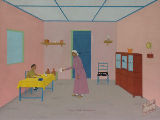 Antoine Obin (1929-1992) 18"x24" Antoine Prend Son Dejeuner/Antoine Having Breakfast 1981 Oil on Masonite #16-3-96GN-HA