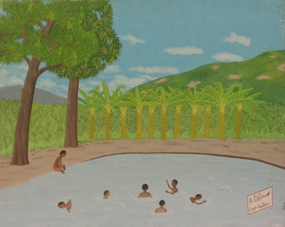 Antoine Obin (1929-1992) 16"x20" Bathing At The River Oil on Masonite #8-3-96GN-HA