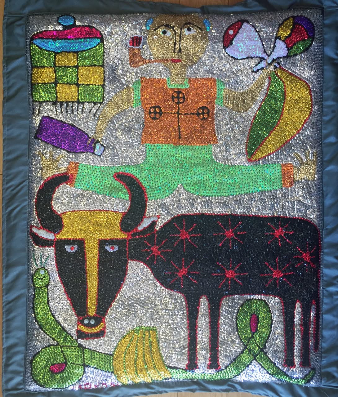 Maxon Scylla- Haitian Sequined  and Beaded Voodoo Flag on Satin, 2016 "ZaKa, Bossou, Damballa" #3MFN 32"x28"