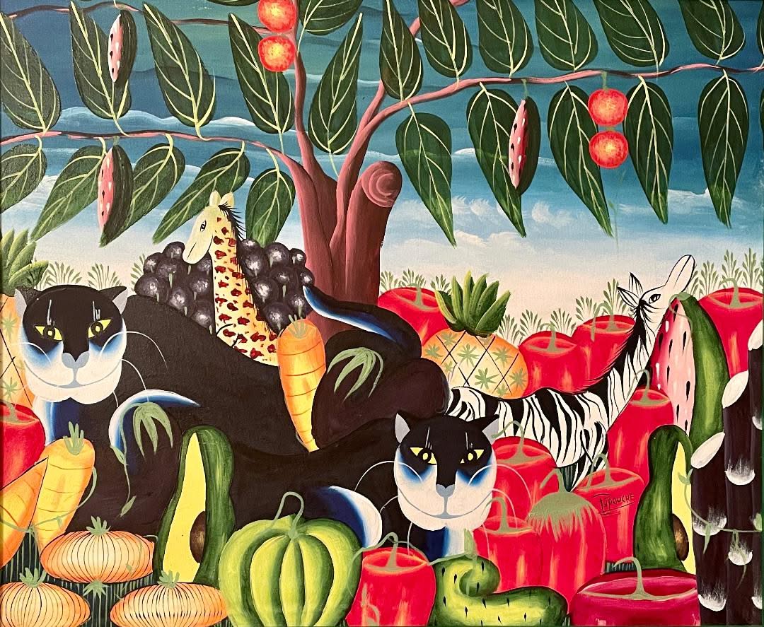 Papouche 20"x24" Animals and Trees 1990 Oil on Canvas Painting Unframed #1JZ