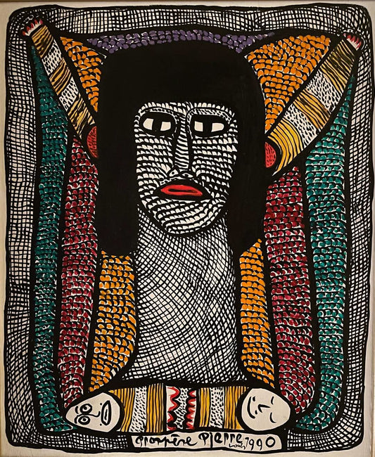 Prospere Pierre Louis (1947-1997) 24"x20" Erzulie & Twins 1990 Oil On Wood Framed Painting #1EZ