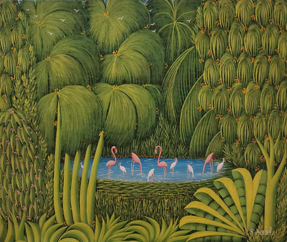 Henri-Robert Bresil (1952-1999) 20"x24" Flamingos in the Tropical Forest c1990 Oil on Canvas Unframed Painting#1MF