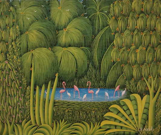 Henri-Robert Bresil (1952-1999) 20"x24" Flamingos in the Tropical Forest c1990 Oil on Canvas Unframed Painting#1MF