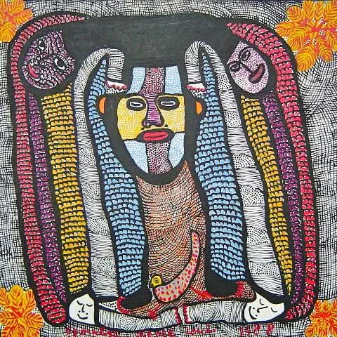Prosper Pierre-Louis Three Loas, original 1988 Haitian Vodou painting featuring three stylized lwa spirits in the Saint Soleil style, oil on board, 24 × 24 inches.