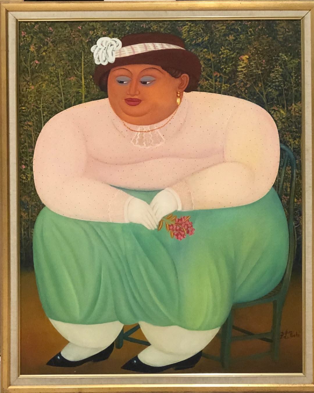 Pierre-Louis Riche 30"x24" Fat Lady in Green Skirt  Acrylic on Masonite Framed #2FC