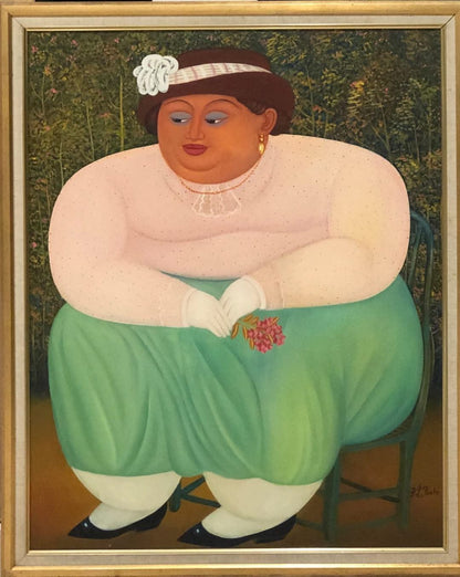 Pierre-Louis Riche 30"x24" Fat Lady in Green Skirt  Acrylic on Masonite Framed #2FC