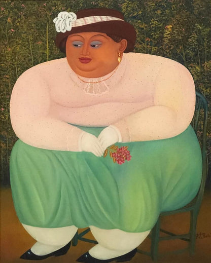 Pierre-Louis Riche 30"x24" Fat Lady in Green Skirt  Acrylic on Masonite Framed #2FC