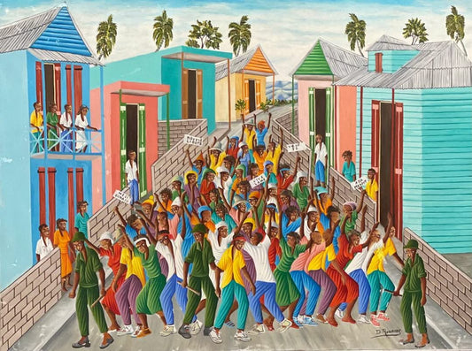 Dieudonne Rouanez (1920-DCD) 24"x32" Protest Against Macoutes 1982 Oil on Canvas #1-2-95MFN