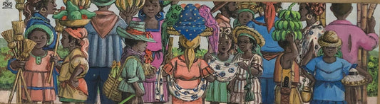 Alix Roy (1930-2010) 9"x26" Busy Children Marketplace Acrylic on Hard Canvas Framed #3MFN