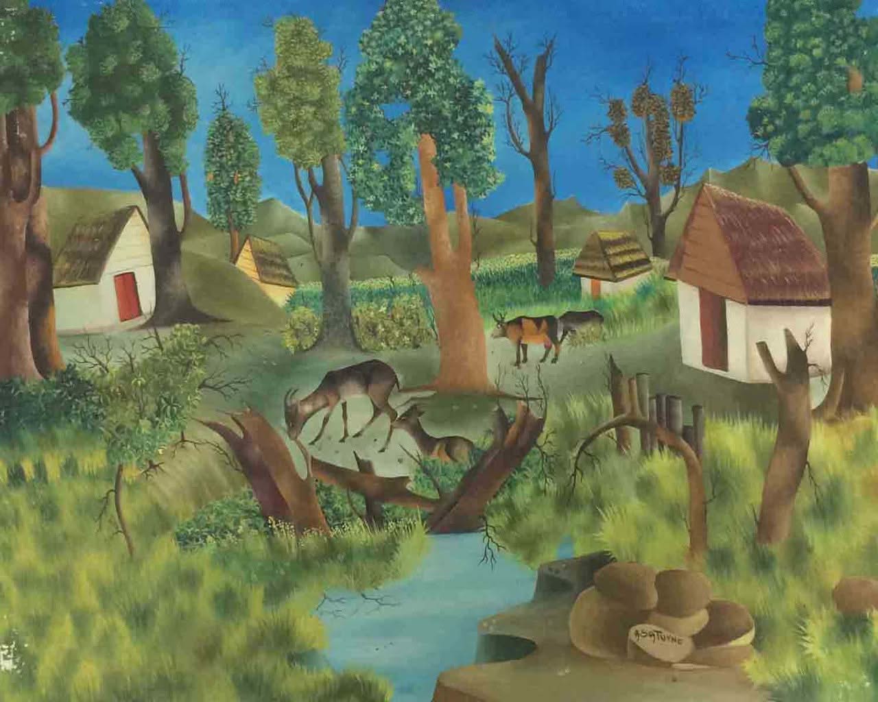 Andre Saturne (1927-1983) 24"x30" The Goats c1970's Oil Painting #9-3-96GSN-HA