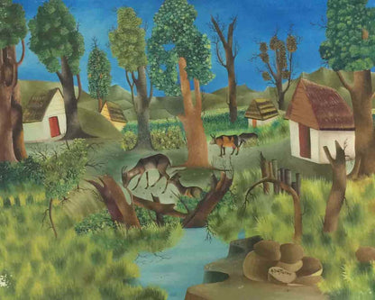 Andre Saturne (1927-1983) 24"x30" The Goats c1970's Oil Painting #9-3-96GSN-HA