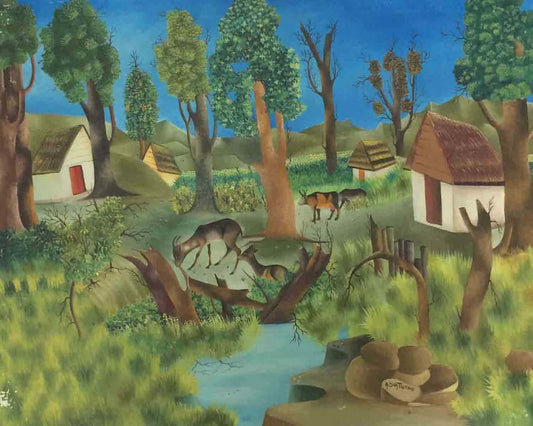 Andre Saturne (1927-1983) 24"x30" The Goats c1970's Oil Painting #9-3-96GSN-HA