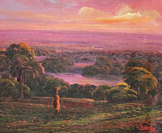 Jean Adrien Seide 8"x10" Woman Seller Walking At Sunset In The Mountains & Water View 2022 Acrylic on Canvas Painting #26MFN