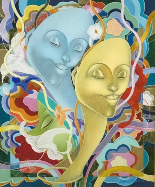 Bernard Sejourne (1947-1994) 24"x20" Blue Face/ Yellow Face 1988 Acrylic On Masonite Framed #15FC