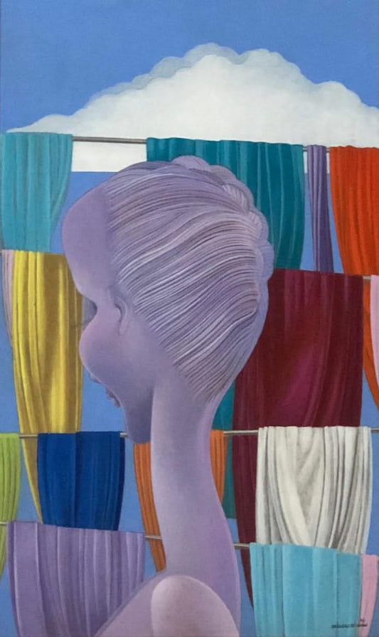 Bernard Sejourne (1947-1994) 30"x18" Lady with Fabrics 1994  Acrylic On Masonite Framed #6FC