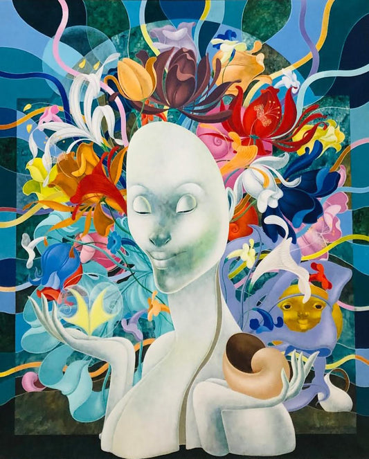 Bernard Sejourne (1947-1994) 48"x40" Lady with Flowered Crown 1992 Acrylic on Masonite #3FC