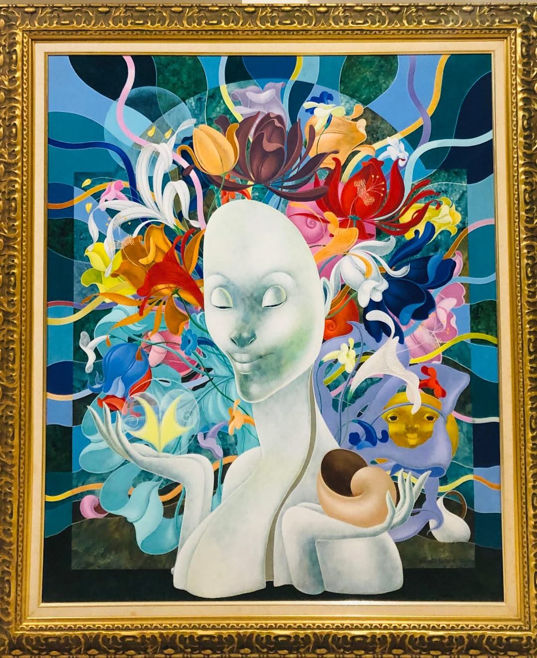 Bernard Sejourne (1947-1994) 48"x40" Lady with Flowered Crown 1992 Acrylic on Masonite #3FC