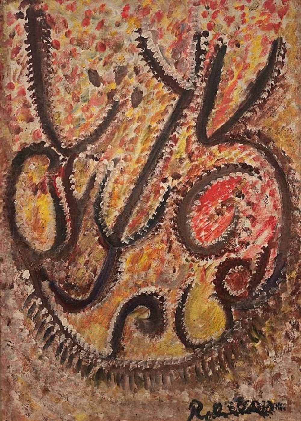 Robert Saint-Brice (Haitian, 1898-1973) 24"x18" Brown Abstract Spirit Oil on Canvas #1GN-HA