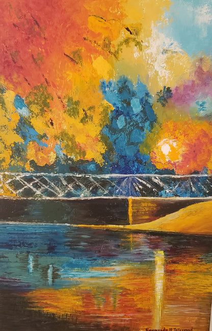 Raymonde Talleyrand 22"x15" Nature in Fire Over Lake Acrylic on Plywood ##27TR