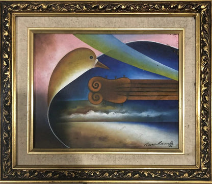 Gasner Thermonfils 8"x10" Bird & Guitar 1996 Acrylic on Canvas Framed #3FC