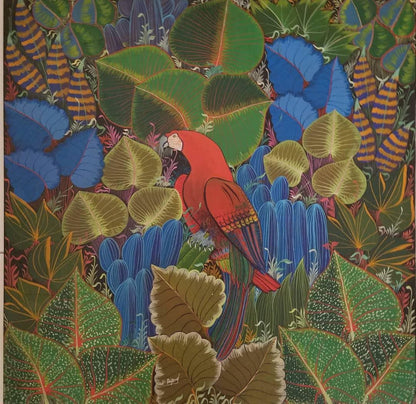V. Rigaud 24"x24" Parrot in Jungle Oil on Masonite c1980 #1JN-HA