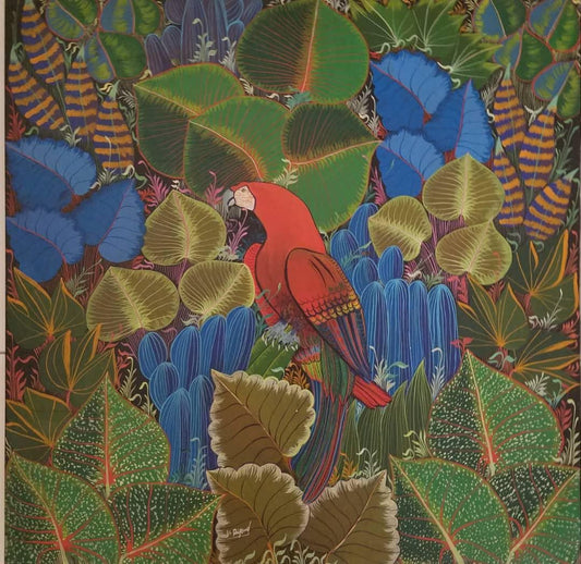 V. Rigaud 24"x24" Parrot in Jungle Oil on Masonite c1980 #1JN-HA