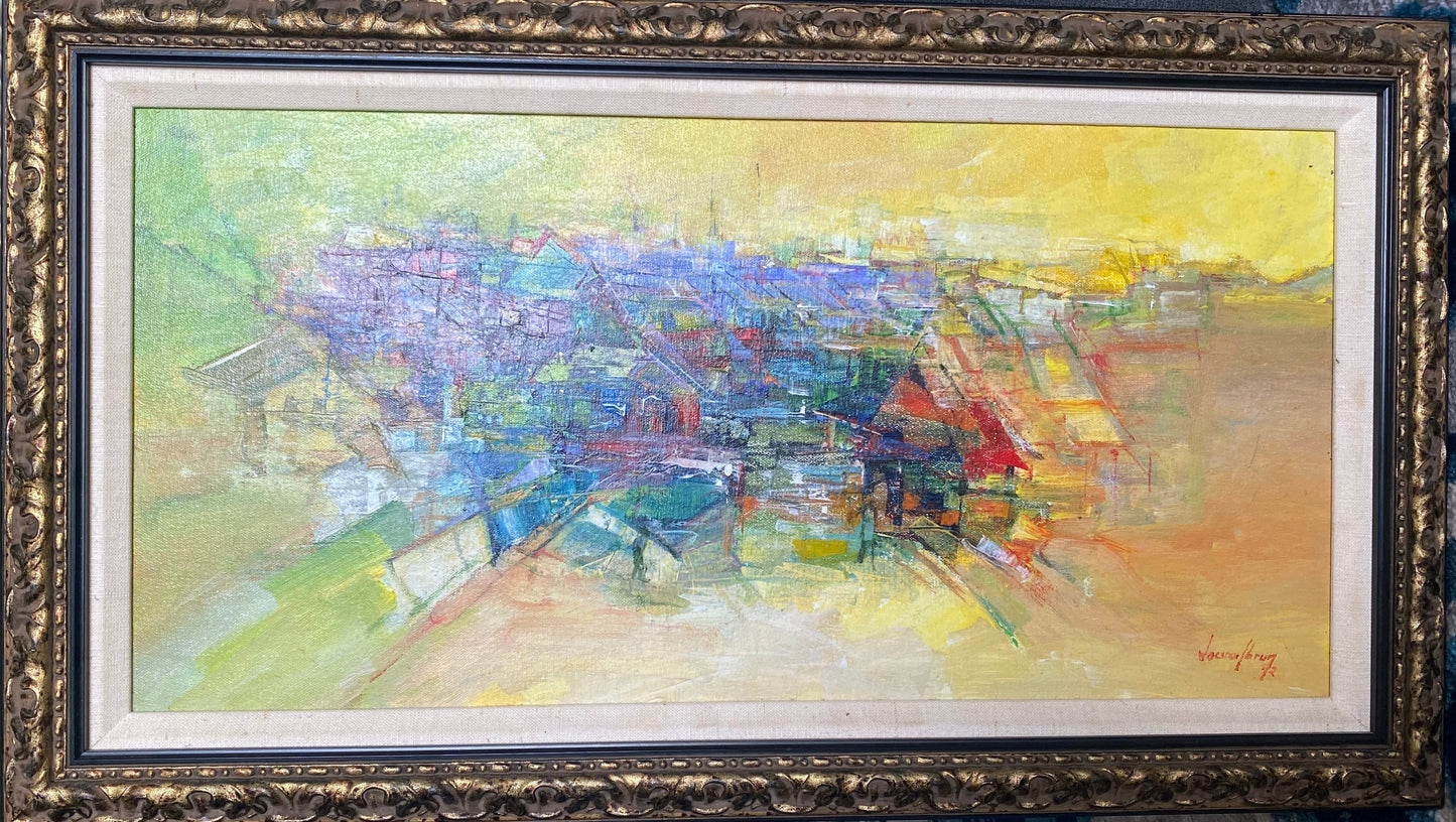 Jacques Valbrun (Haitian, 1938-1992) 15"x25" Abstract Houses Acrylic on Canvas Painting #1TC