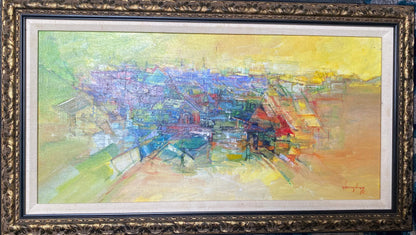 Jacques Valbrun (Haitian, 1938-1992) 15"x25" Abstract Houses Acrylic on Canvas Painting #1TC