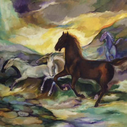 Jacques Valbrun (1938-1992) 48"x48" Horses Acrylic on Hardboard #1400GN-HA