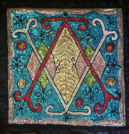 Raoul- Haitian Sequined  and Beaded Voodoo Flag on Satin, 2016 "Aïzan's VèVè" #1MFN 27"x 27"