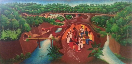 Maurice Vital 24"x48" Vodou Ceremony Oil on Board 1970 #1JN-HA