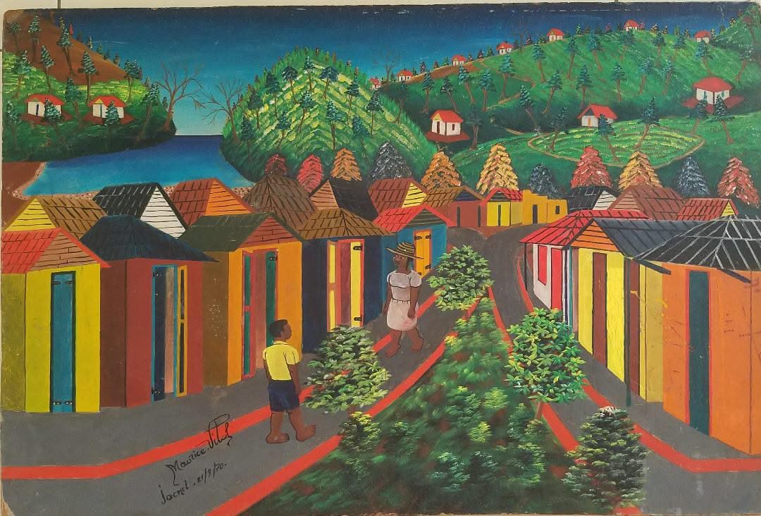 Maurice Vital 16"x24" Rural Scene in Jacmel 1970 Oil on Board #2JN-HA