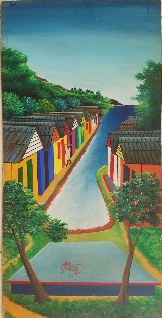 Maurice Vital 24"x12" Streets of Jacmel 1970  Oil on Board #5JN-HA