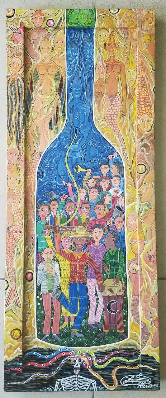 Frantz Zephirin 30"x12" The Bottle 2021 Acrylic On Wood Hand-painted Frame #3JN-HA