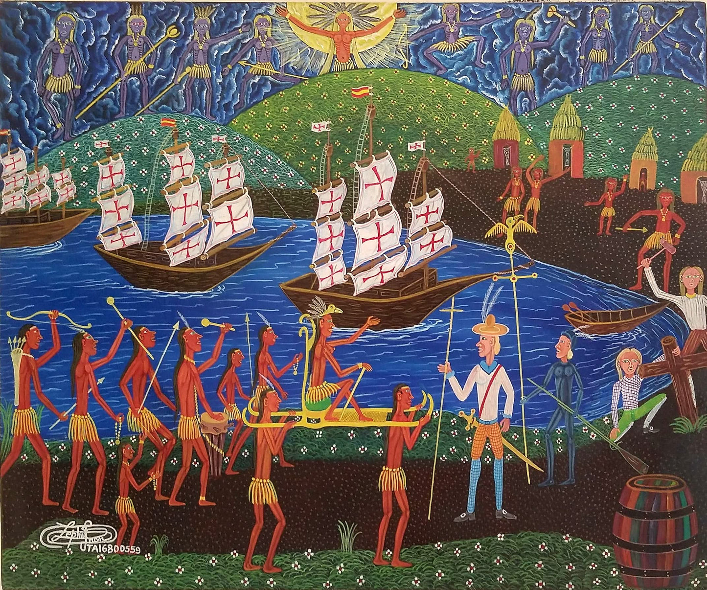 Frantz Zephirin 20"x24" "L'arrivee des Trois Caravelles" 1995 Acrylic on Canvas #3JN-HA