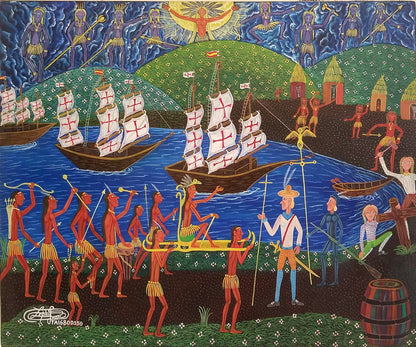 Frantz Zephirin 20"x24" "L'arrivee des Trois Caravelles" 1995 Acrylic on Canvas #3JN-HA