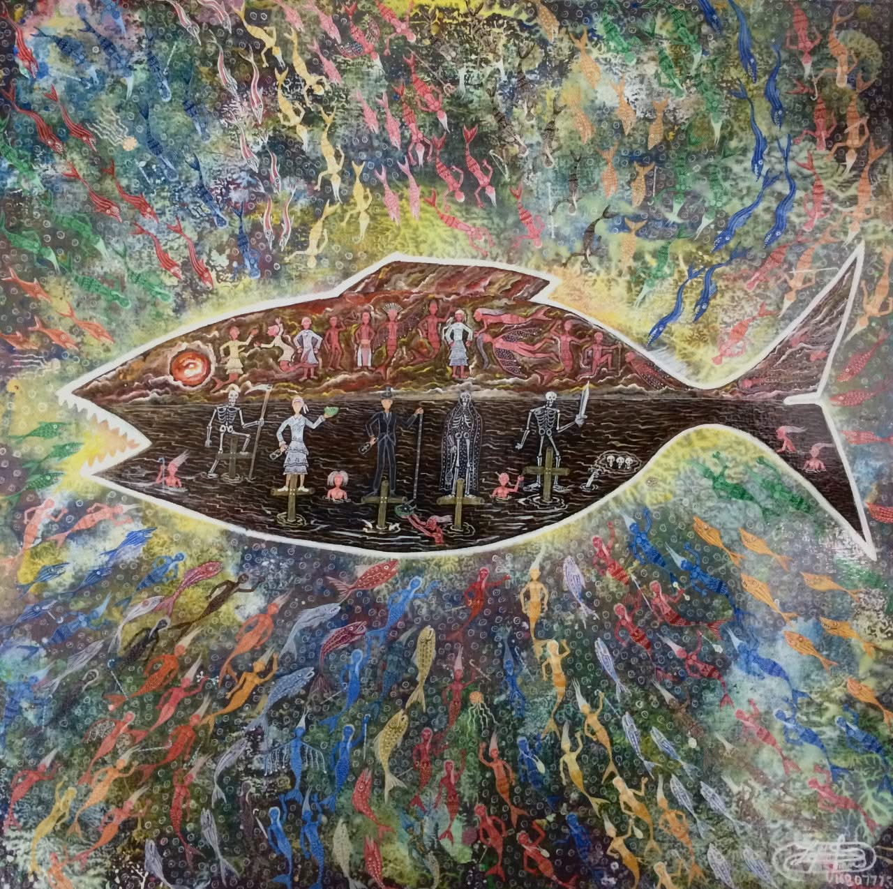 Frantz Zephirin 16"x16"  The Fish  Oil on Masonite #1410GN-HA
