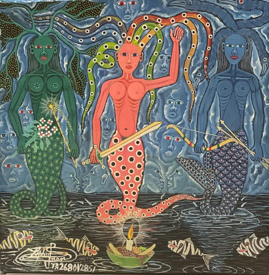 Frantz Zephirin 10"x10"x2" Offrandes aux Trois Erzulies 2021 Oil on Canvas Hand-Painted Borders #4MFN