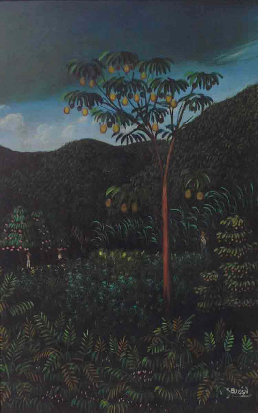 Henri-Robert Bresil (1952-1999) 24"x20" Lemon Tree Scene Oil on Masonite #1115