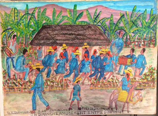 Gervais Emmanuel Ducasse (1903-1988)  16'"x24" c1973 " A La Dominicanie Pres de Barahonas, Un Dimanche, Amusement Entre Des Amis" Oil On Board #2MFN