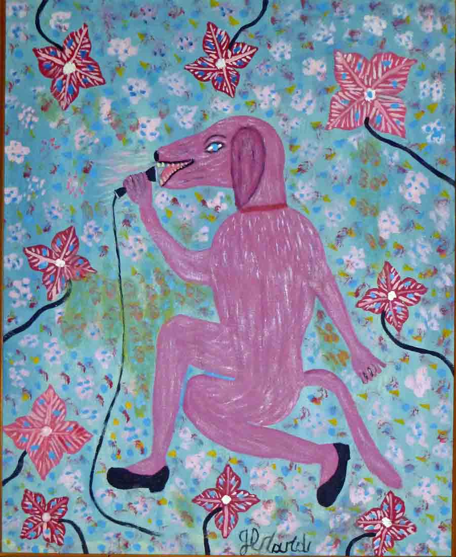 Artistic depiction of a pink figure with floral elements on a colorful background