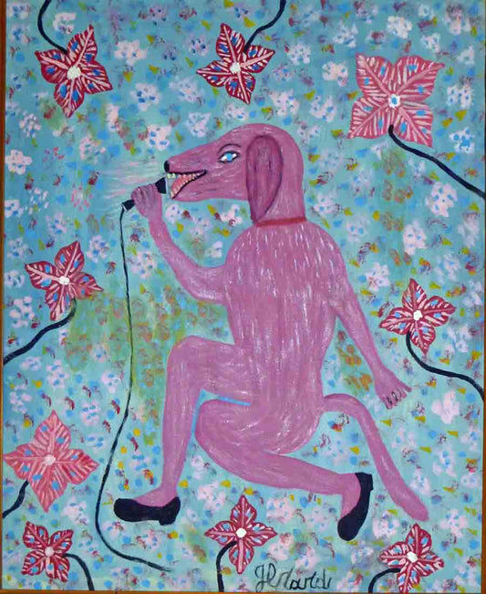 Artistic depiction of a pink figure with floral elements on a colorful background
