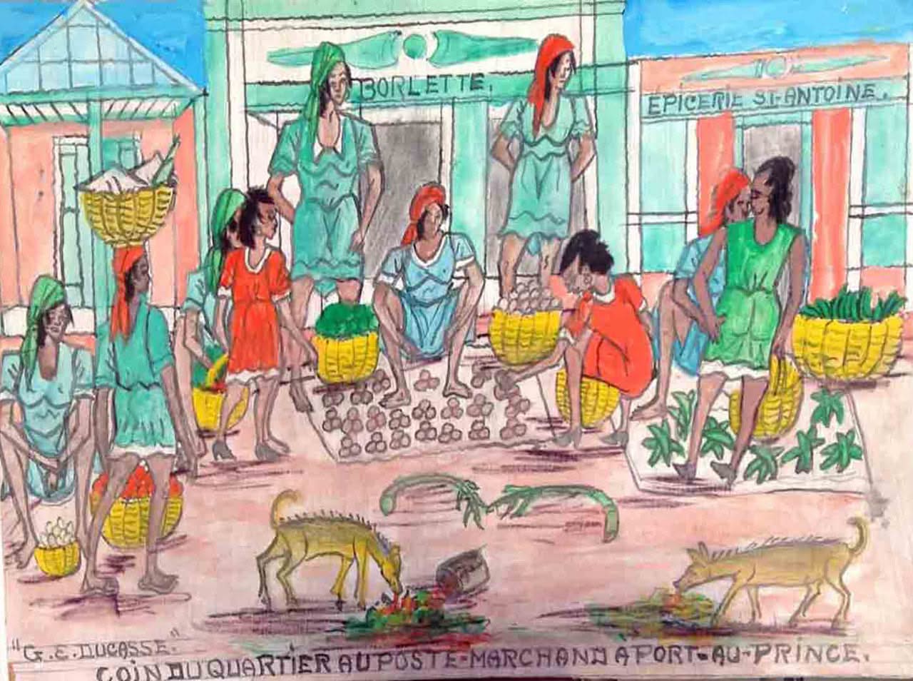 Gervais Emmanuel Ducasse (1903-1988) 16"x24" 1977 "Coin Du Quartier Au Port-Marchand A Port-au-Prince" Oil on Board Painting #12MFN