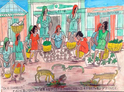 Gervais Emmanuel Ducasse (1903-1988) 16"x24" 1977 "Coin Du Quartier Au Port-Marchand A Port-au-Prince" Oil on Board Painting #12MFN