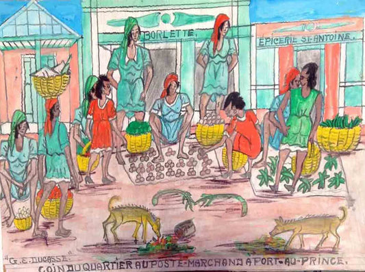 Gervais Emmanuel Ducasse (1903-1988) 16"x24" 1977 "Coin Du Quartier Au Port-Marchand A Port-au-Prince" Oil on Board Painting #12MFN